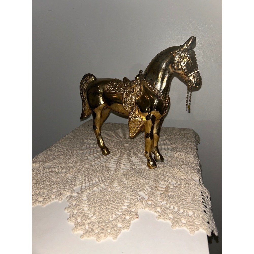 Vintage Brass Horse Figurine Ornate Western Saddle Bridle Gold Tone Statue 10in